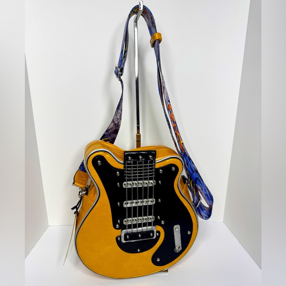 Classic Fashion Guitar-Shaped Crossbody Bag w/ Graffiti Strap, 12 x 11 x 3 1/2